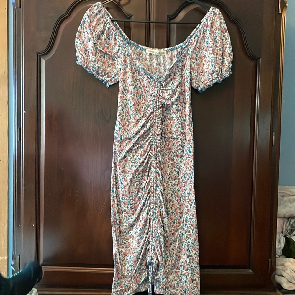 Floral Ruche Tie Midi Puff Sleeve Dress